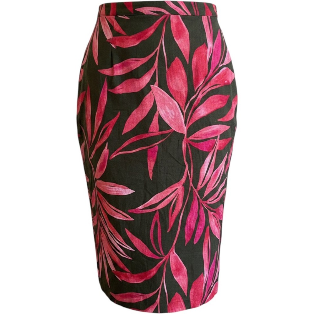 Time and Tru Linen Blend Midi Skirt XL 16-18 Green Ivy Pink Tropical Leaf Print